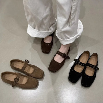 Xajzpa New Women's Shoes Suede Flats Loafers Women Marie Jane Shoes Square Toe Ballet Dance Shoes Fashion Luxury Dress Zapatos De Mujer